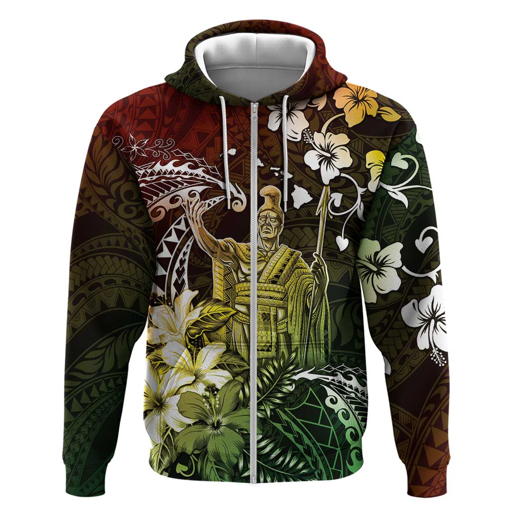 Hawaii King Kamehameha Day Zip Hoodie Polynesian Pattern Mix Hibiscus Reggae