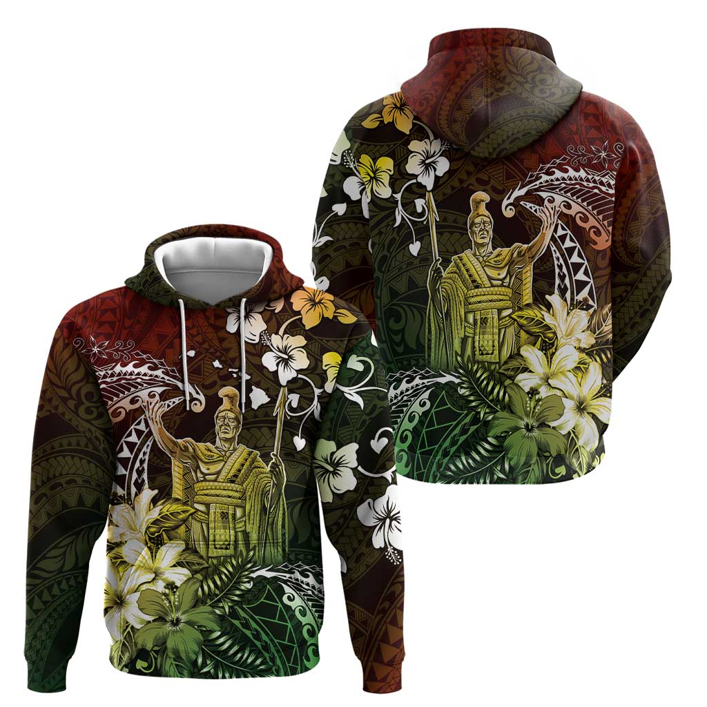 Hawaii King Kamehameha Day Zip Hoodie Polynesian Pattern Mix Hibiscus Reggae