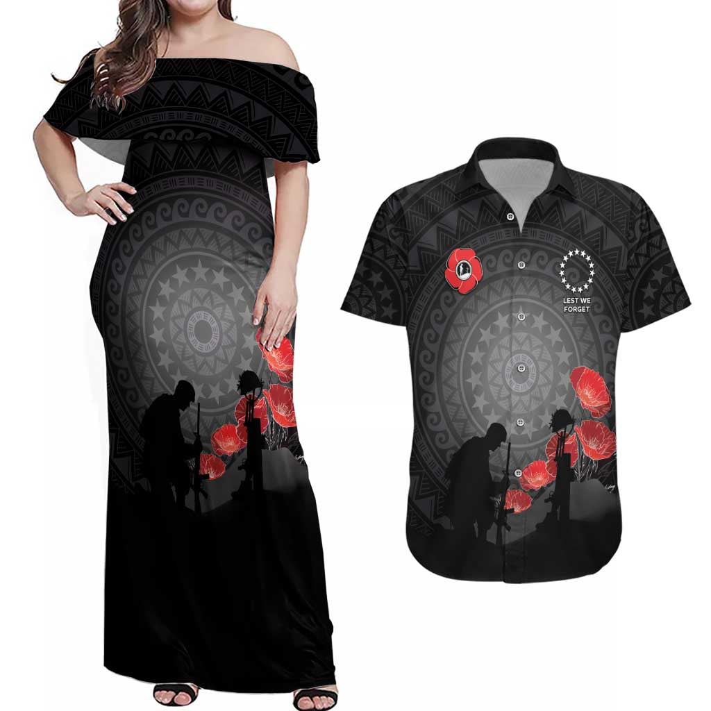 Cook Islands ANZAC Day Couples Matching Off Shoulder Maxi Dress and Hawaiian Shirt Soldier Silhouette Remembrance