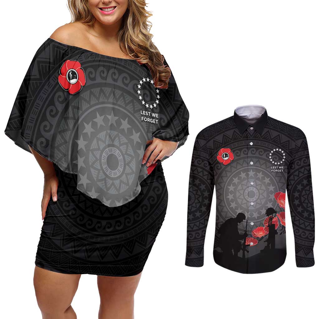 Cook Islands ANZAC Day Couples Matching Off Shoulder Short Dress and Long Sleeve Button Shirt Soldier Silhouette Remembrance