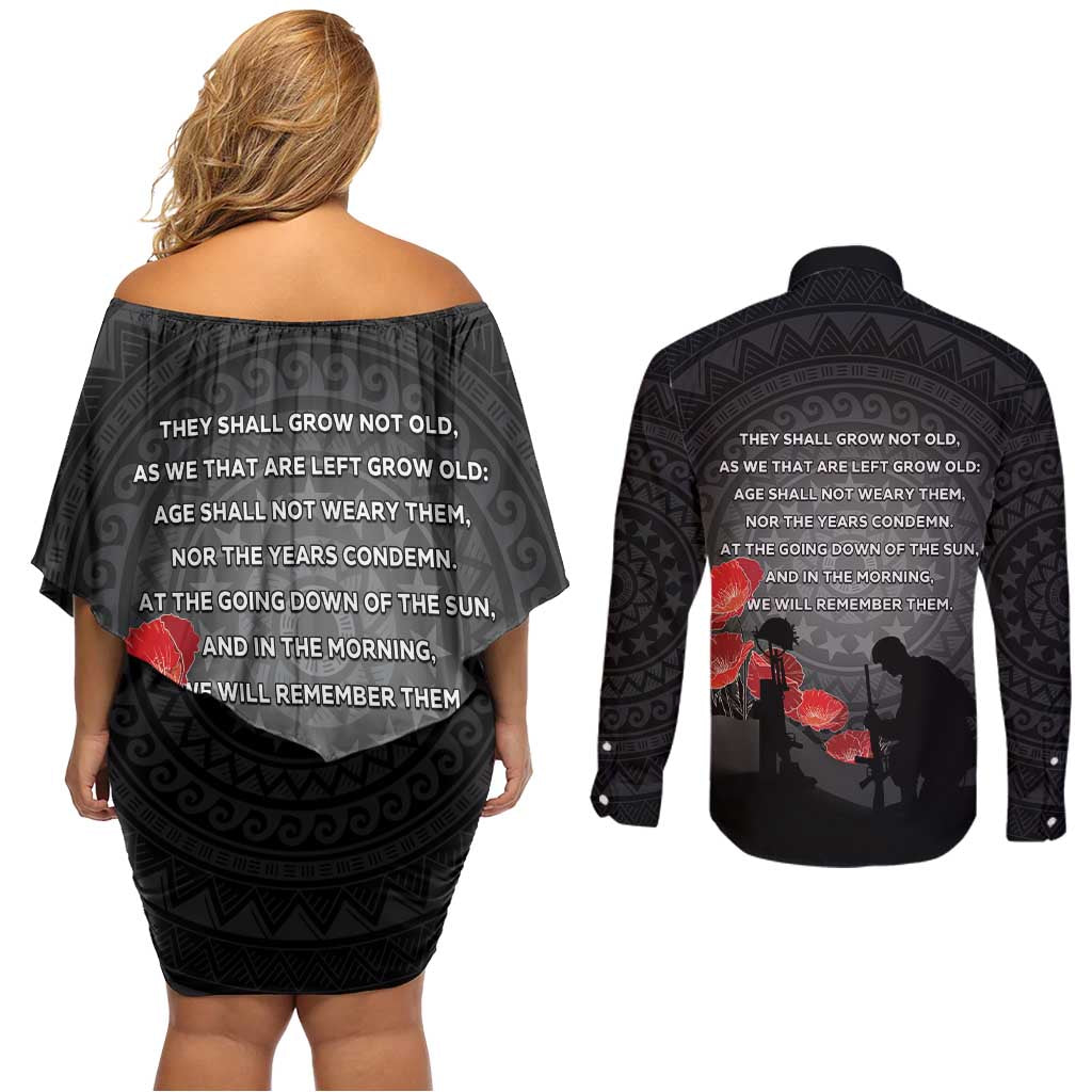 Cook Islands ANZAC Day Couples Matching Off Shoulder Short Dress and Long Sleeve Button Shirt Soldier Silhouette Remembrance