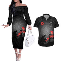 Cook Islands ANZAC Day Couples Matching Off The Shoulder Long Sleeve Dress and Hawaiian Shirt Soldier Silhouette Remembrance