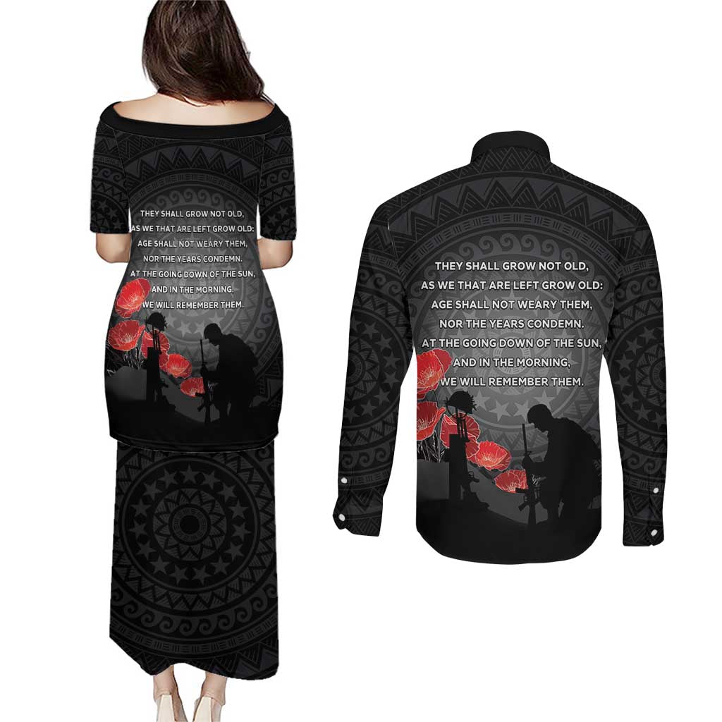 Cook Islands ANZAC Day Couples Matching Puletasi and Long Sleeve Button Shirt Soldier Silhouette Remembrance