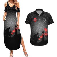 Cook Islands ANZAC Day Couples Matching Summer Maxi Dress and Hawaiian Shirt Soldier Silhouette Remembrance LT05 Black - Polynesian Pride