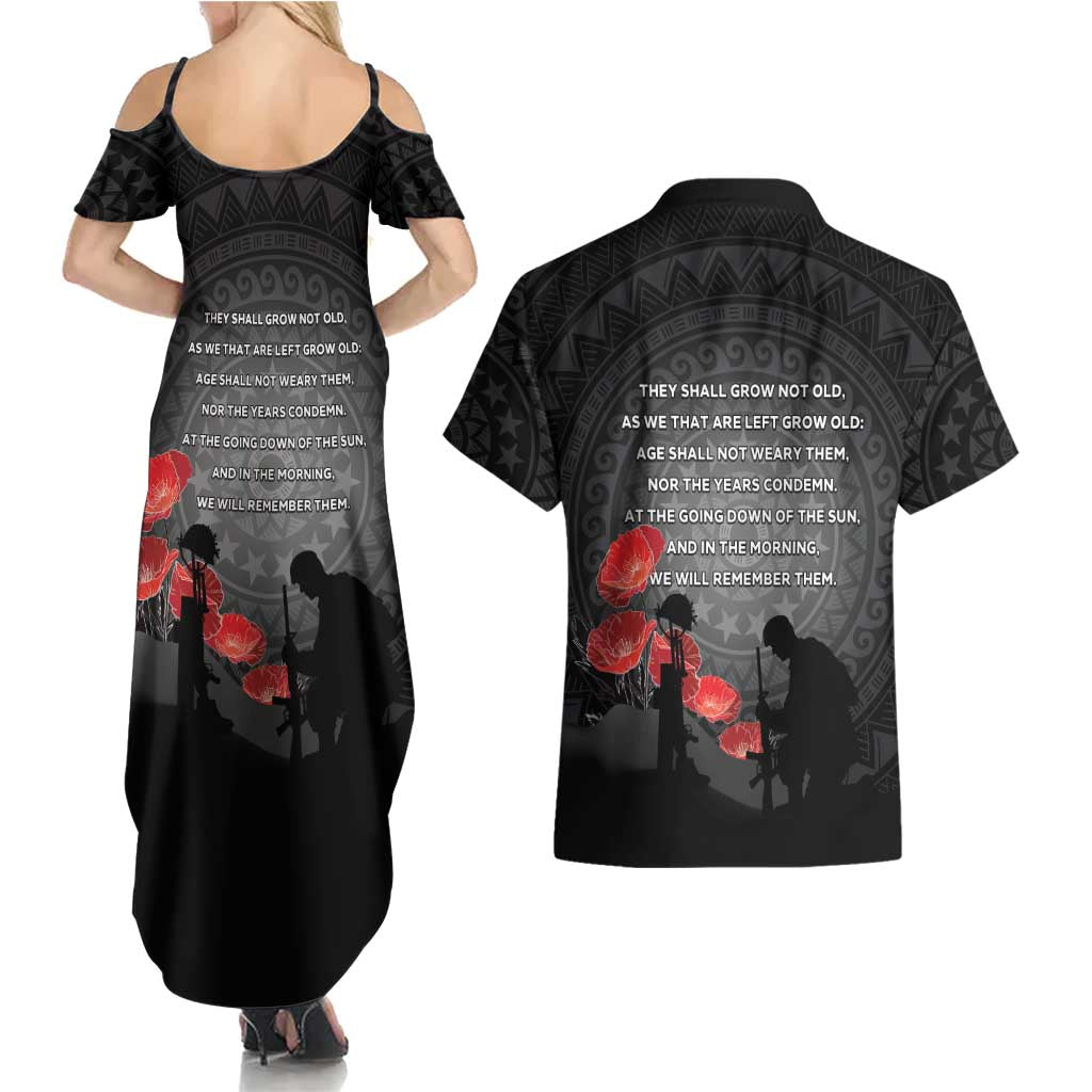 Cook Islands ANZAC Day Couples Matching Summer Maxi Dress and Hawaiian Shirt Soldier Silhouette Remembrance LT05 - Polynesian Pride