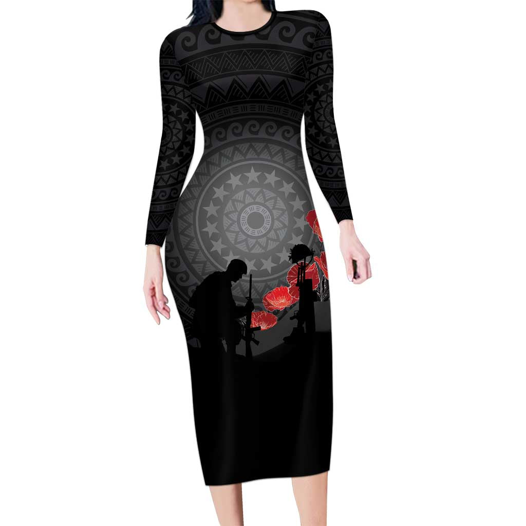 Cook Islands ANZAC Day Family Matching Long Sleeve Bodycon Dress and Hawaiian Shirt Soldier Silhouette Remembrance LT05 Mom's Dress Black - Polynesian Pride