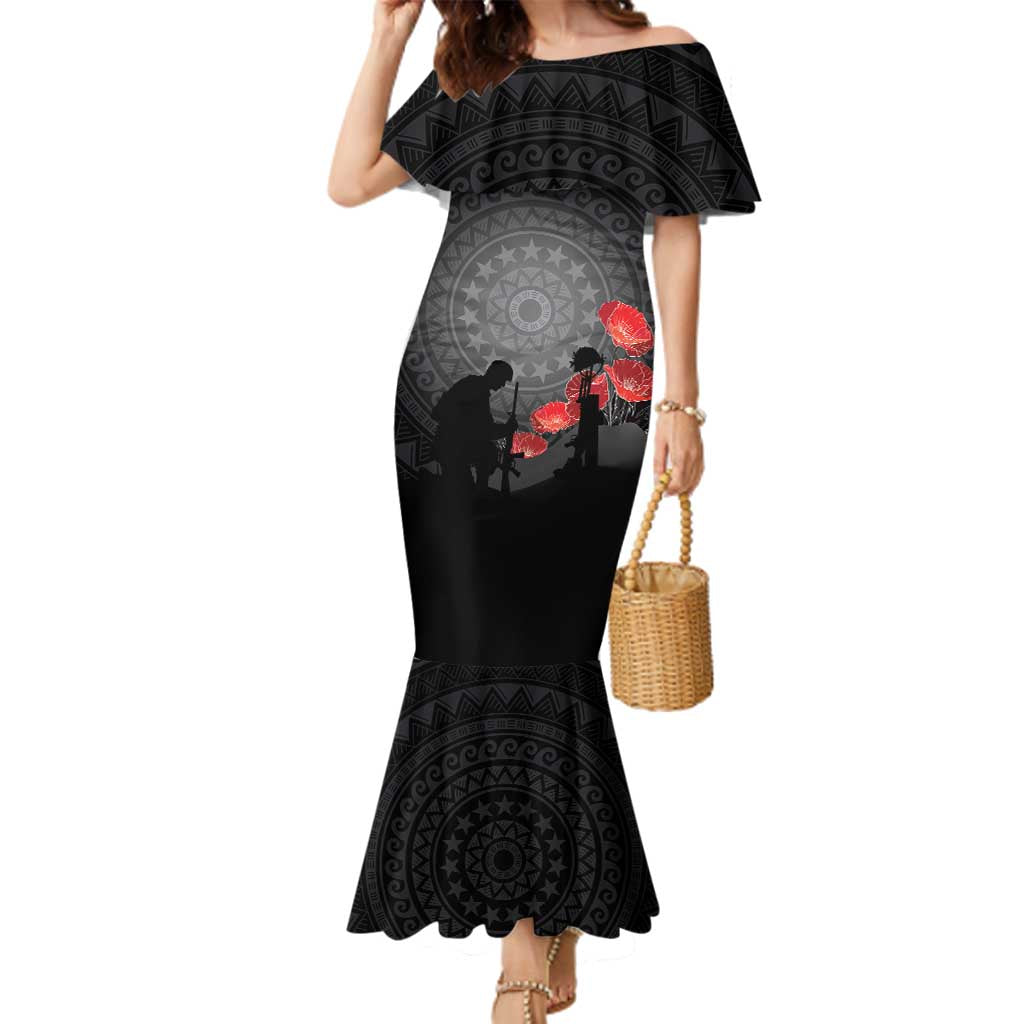 Cook Islands ANZAC Day Family Matching Mermaid Dress and Hawaiian Shirt Soldier Silhouette Remembrance LT05 Mom's Dress Black - Polynesian Pride