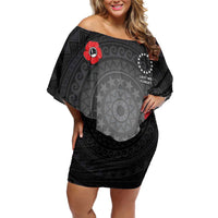 Cook Islands ANZAC Day Family Matching Off Shoulder Short Dress and Hawaiian Shirt Soldier Silhouette Remembrance LT05 Mom's Dress Black - Polynesian Pride
