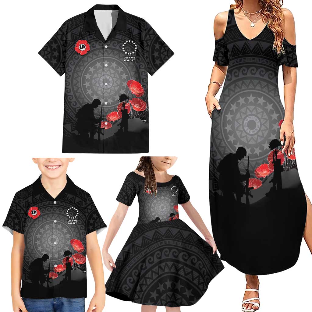 Cook Islands ANZAC Day Family Matching Summer Maxi Dress and Hawaiian Shirt Soldier Silhouette Remembrance LT05 - Polynesian Pride