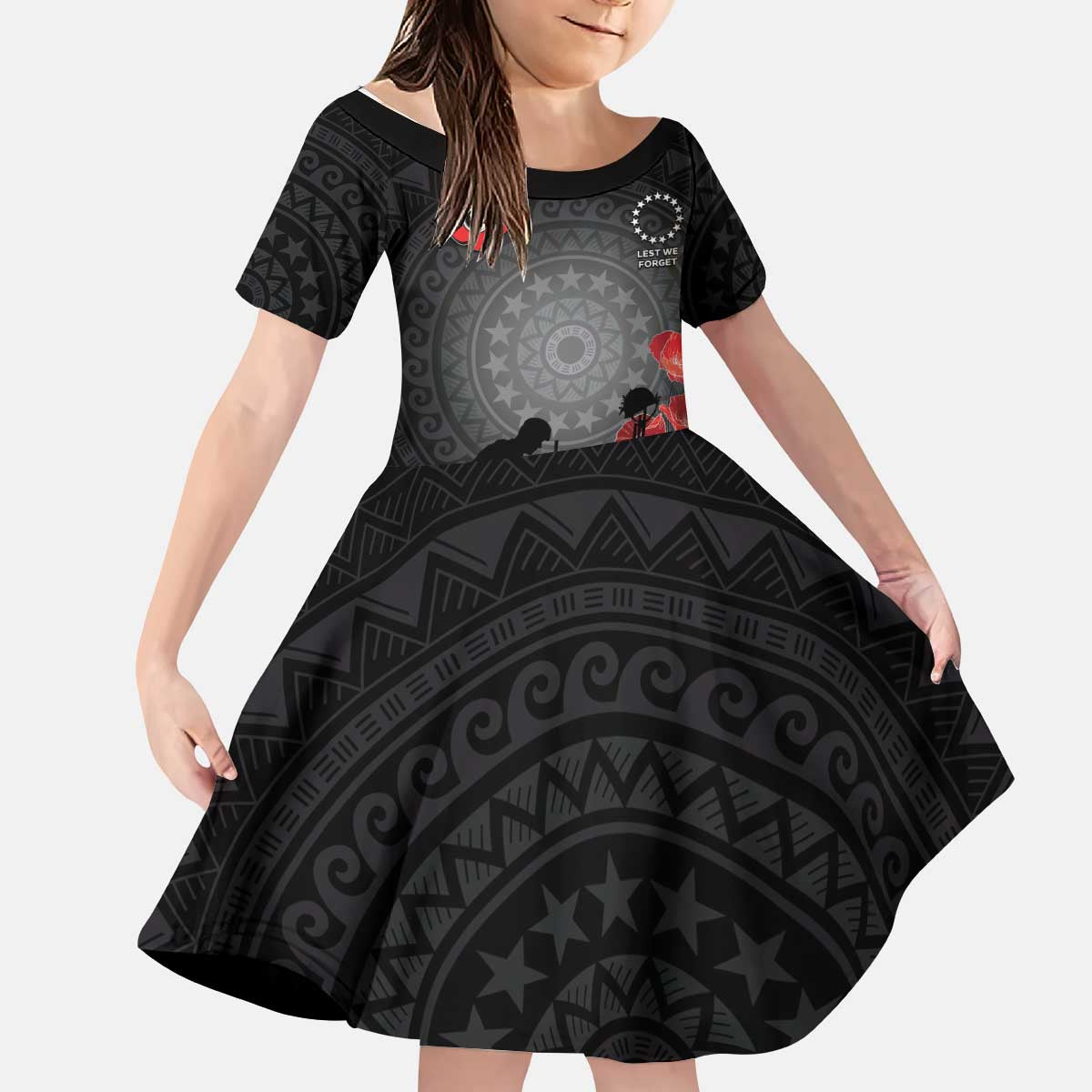 Cook Islands ANZAC Day Kid Short Sleeve Dress Soldier Silhouette Remembrance
