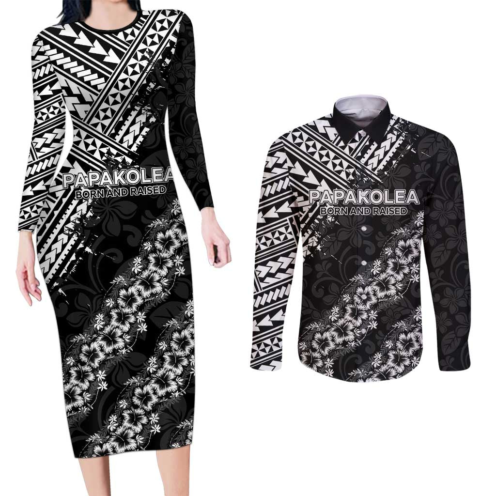 Hawaii Papakolea Born And Raised Couples Matching Long Sleeve Bodycon Dress and Long Sleeve Button Shirt Hawaiian Tribal Pattern