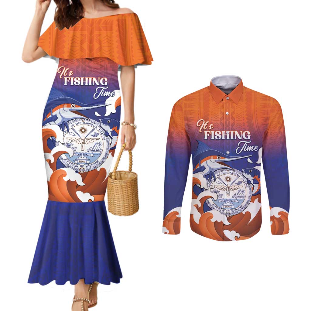 Marshall Islands Fishermen's Day Couples Matching Mermaid Dress and Long Sleeve Button Shirt It's Fishing Time