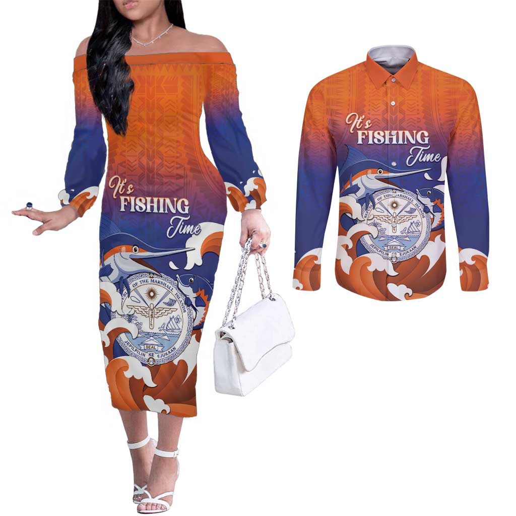 Marshall Islands Fishermen's Day Couples Matching Off The Shoulder Long Sleeve Dress and Long Sleeve Button Shirt It's Fishing Time