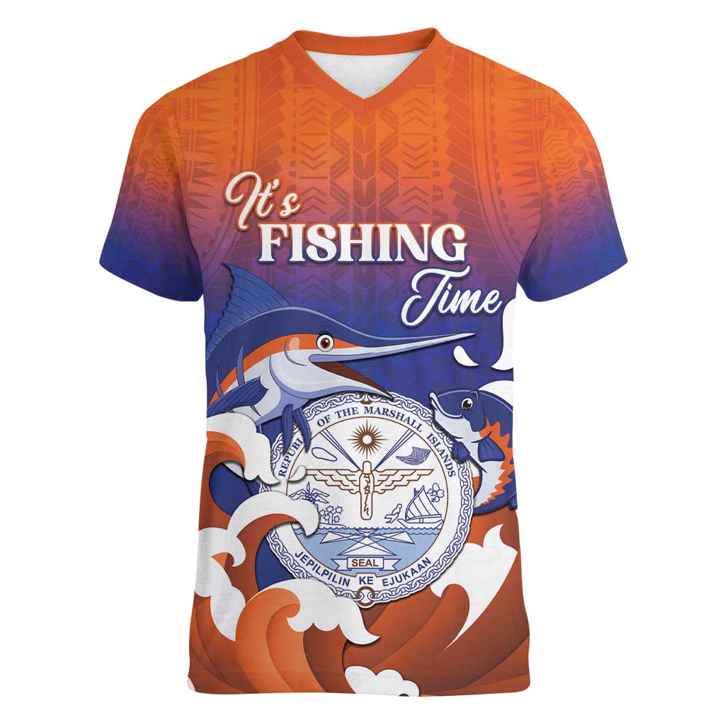 Marshall Islands Fishermen's Day Women V-Neck T-Shirt It's Fishing Time