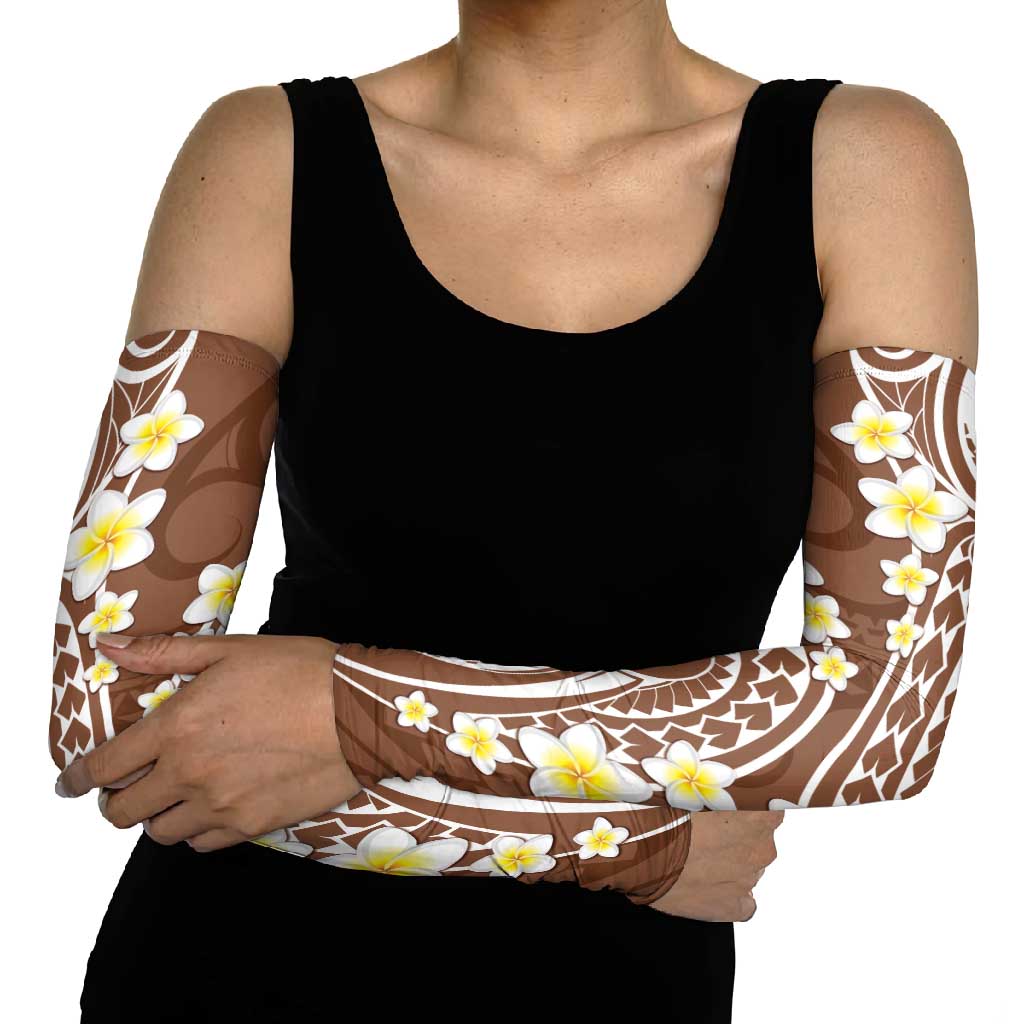 Plumeria With Brown Polynesian Tattoo Pattern Arm Sleeves - Polynesian Pride