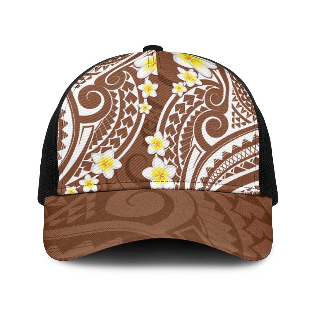 Plumeria With Brown Polynesian Tattoo Pattern Baseball Net Cap - Polynesian Pride