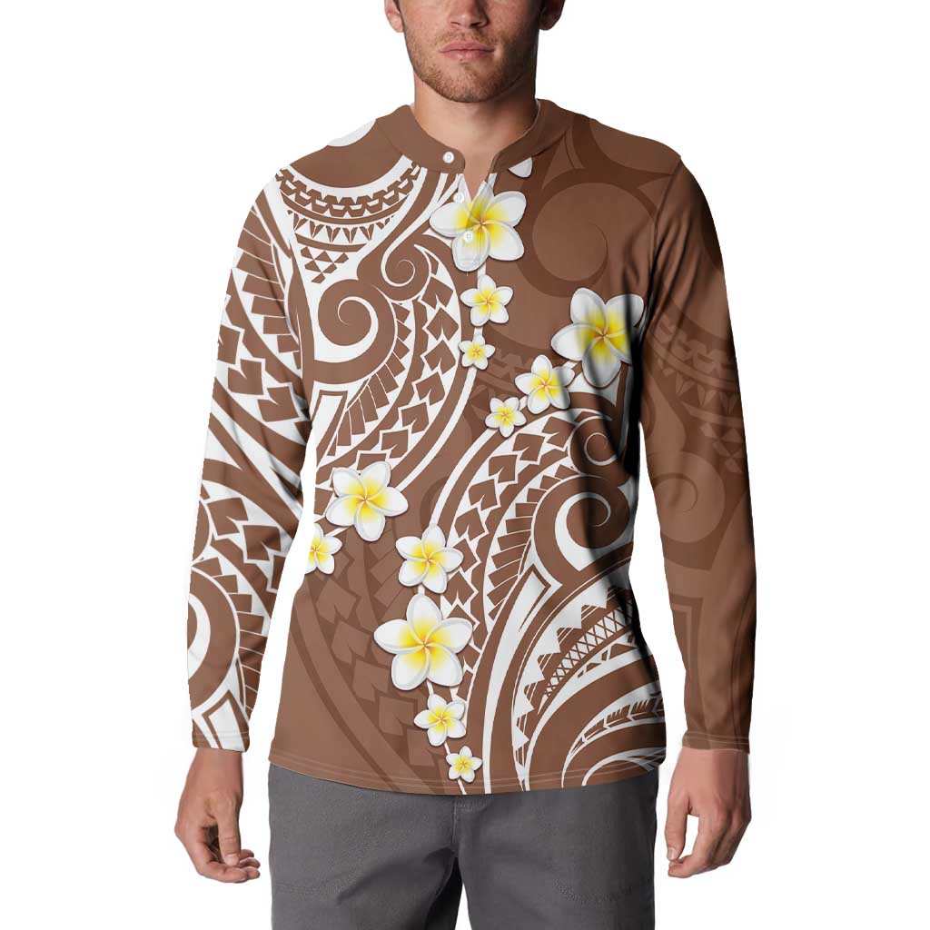 Plumeria With Brown Polynesian Tattoo Pattern Button Sweatshirt
