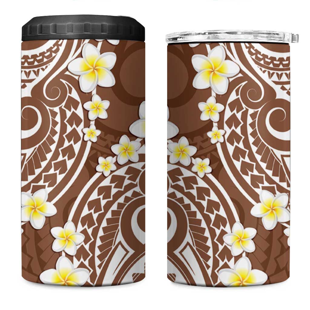 Plumeria With Brown Polynesian Tattoo Pattern 4 in 1 Can Cooler Tumbler