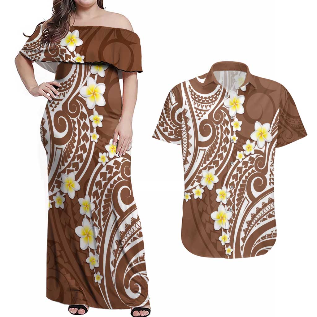 Plumeria With Brown Polynesian Tattoo Pattern Couples Matching Off Shoulder Maxi Dress and Hawaiian Shirt