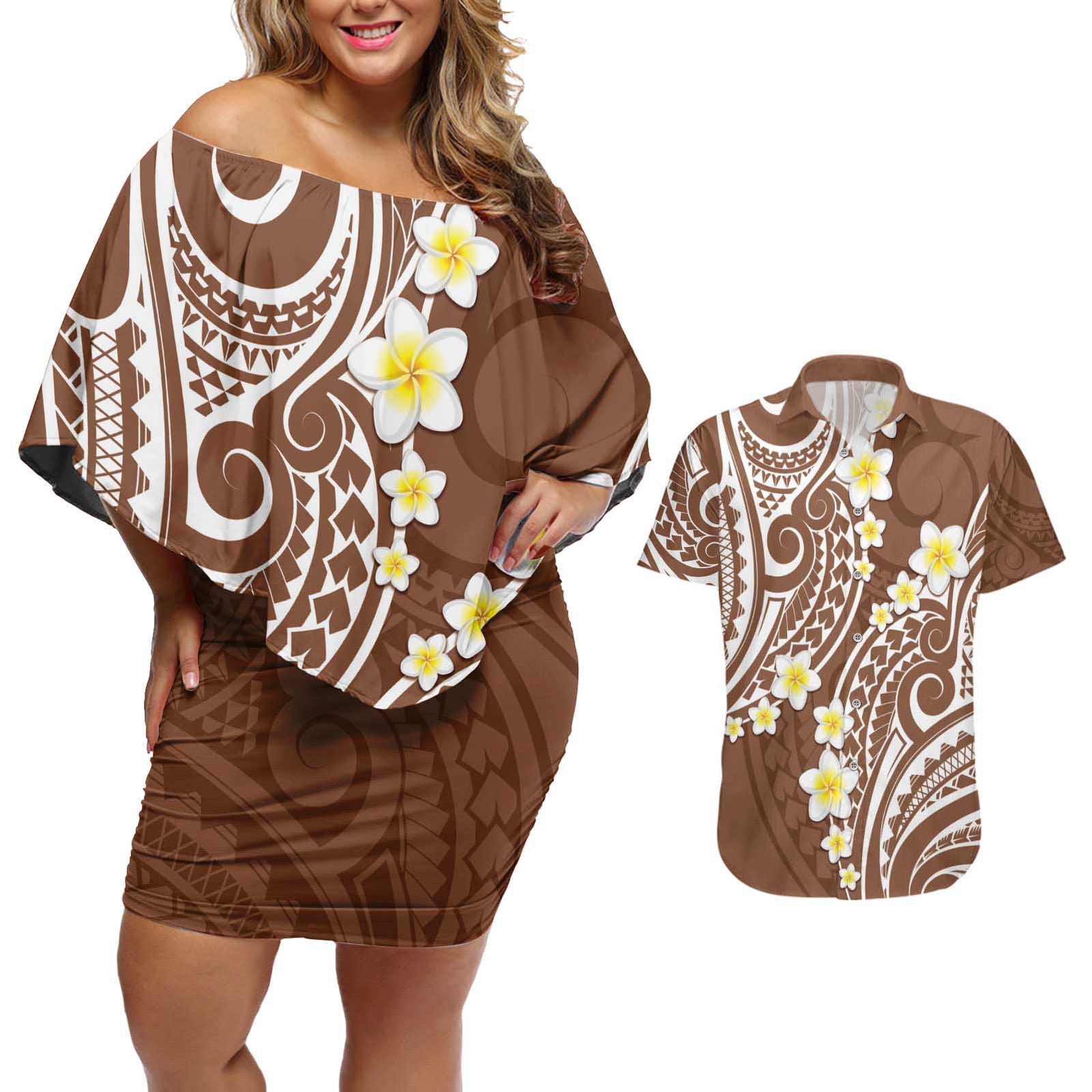 Plumeria With Brown Polynesian Tattoo Pattern Couples Matching Off Shoulder Short Dress and Hawaiian Shirt