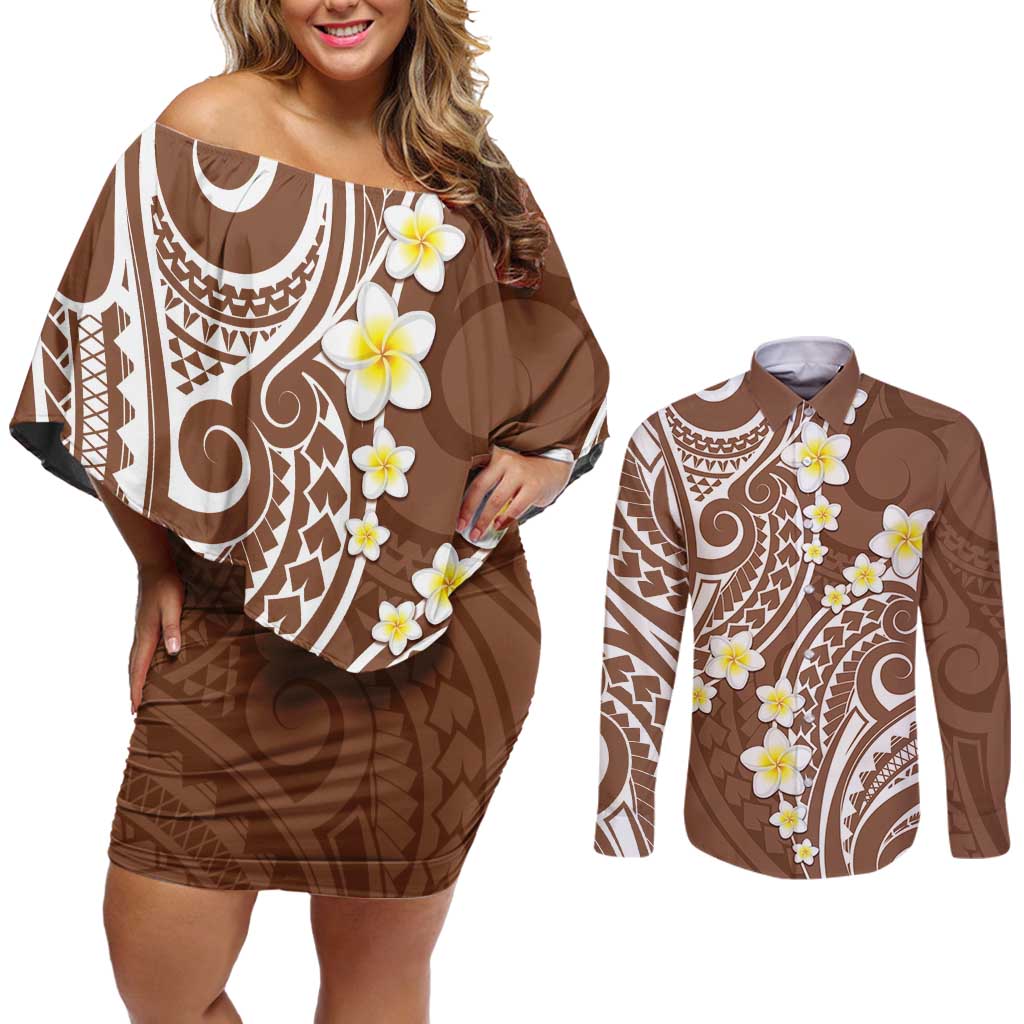 Plumeria With Brown Polynesian Tattoo Pattern Couples Matching Off Shoulder Short Dress and Long Sleeve Button Shirt