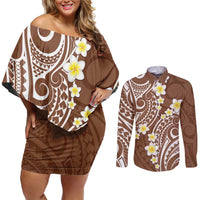 Plumeria With Brown Polynesian Tattoo Pattern Couples Matching Off Shoulder Short Dress and Long Sleeve Button Shirt