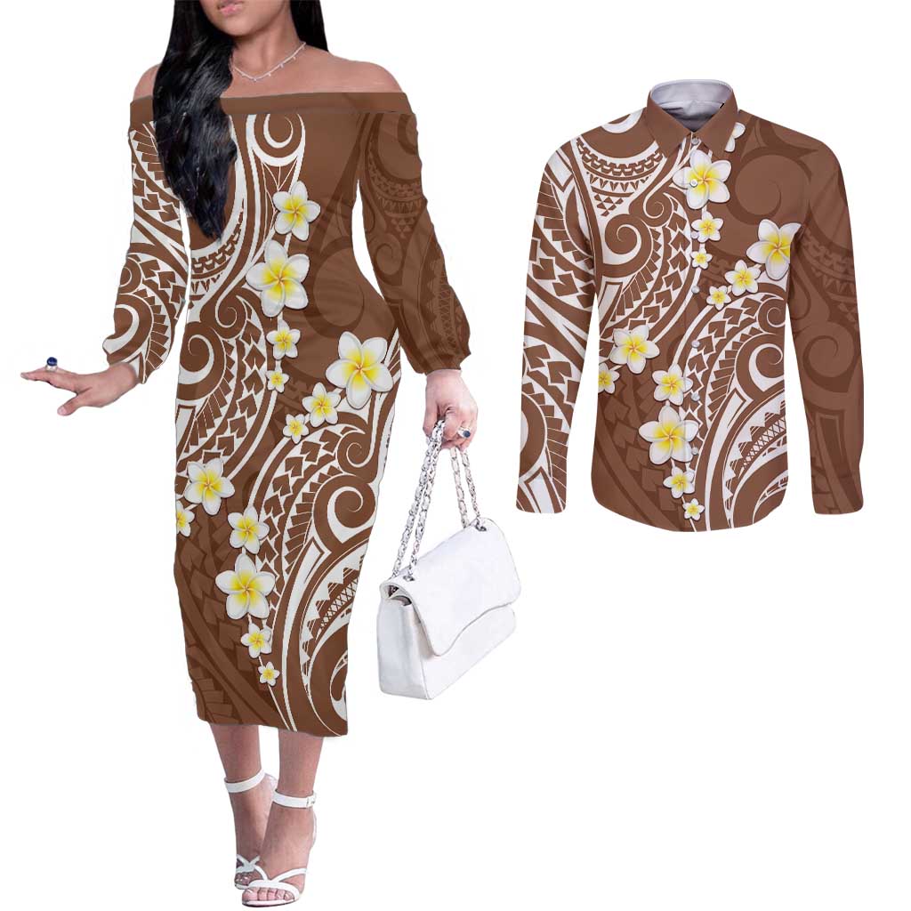Plumeria With Brown Polynesian Tattoo Pattern Couples Matching Off The Shoulder Long Sleeve Dress and Long Sleeve Button Shirt