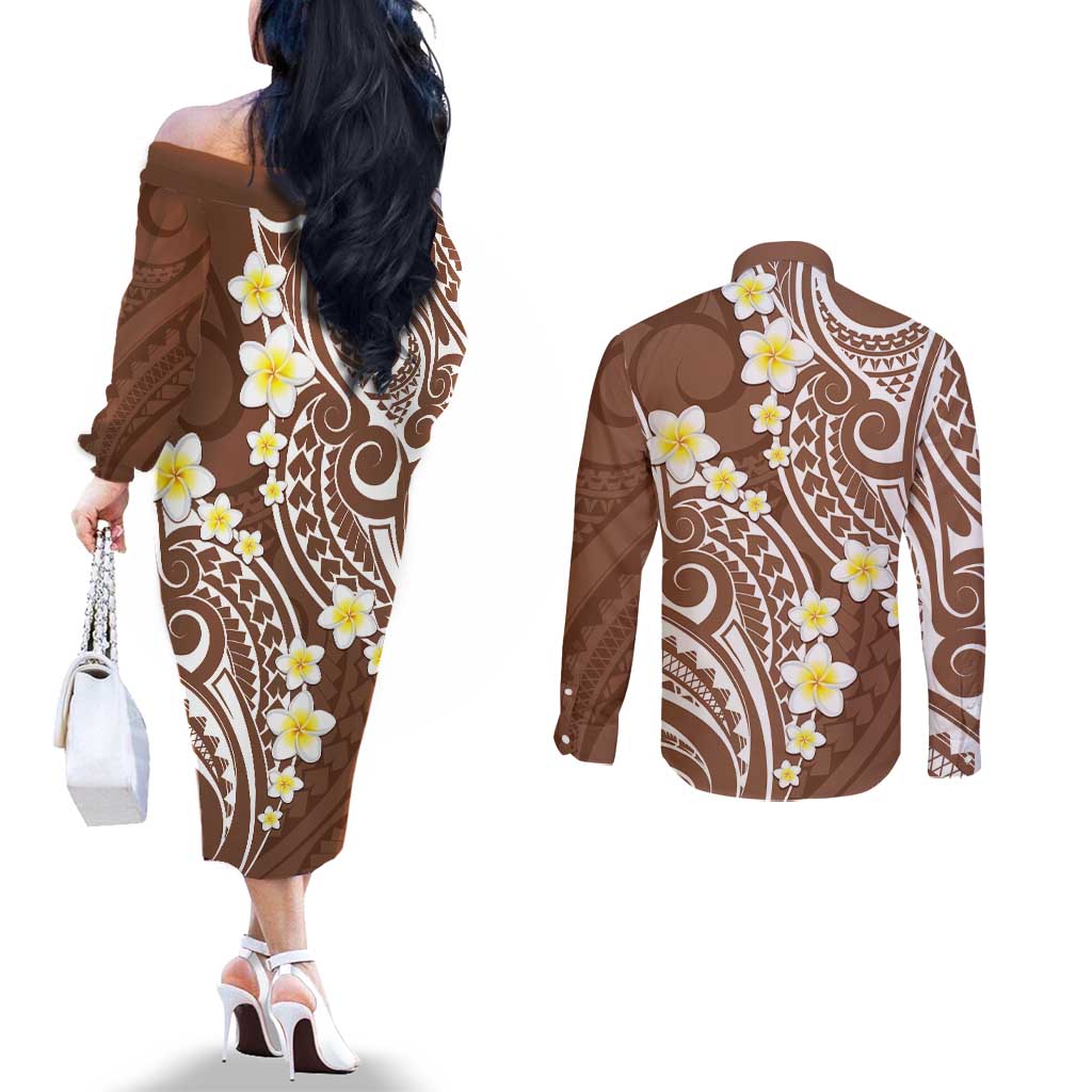 Plumeria With Brown Polynesian Tattoo Pattern Couples Matching Off The Shoulder Long Sleeve Dress and Long Sleeve Button Shirt