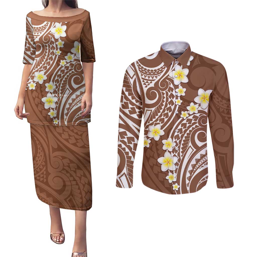 Plumeria With Brown Polynesian Tattoo Pattern Couples Matching Puletasi and Long Sleeve Button Shirt