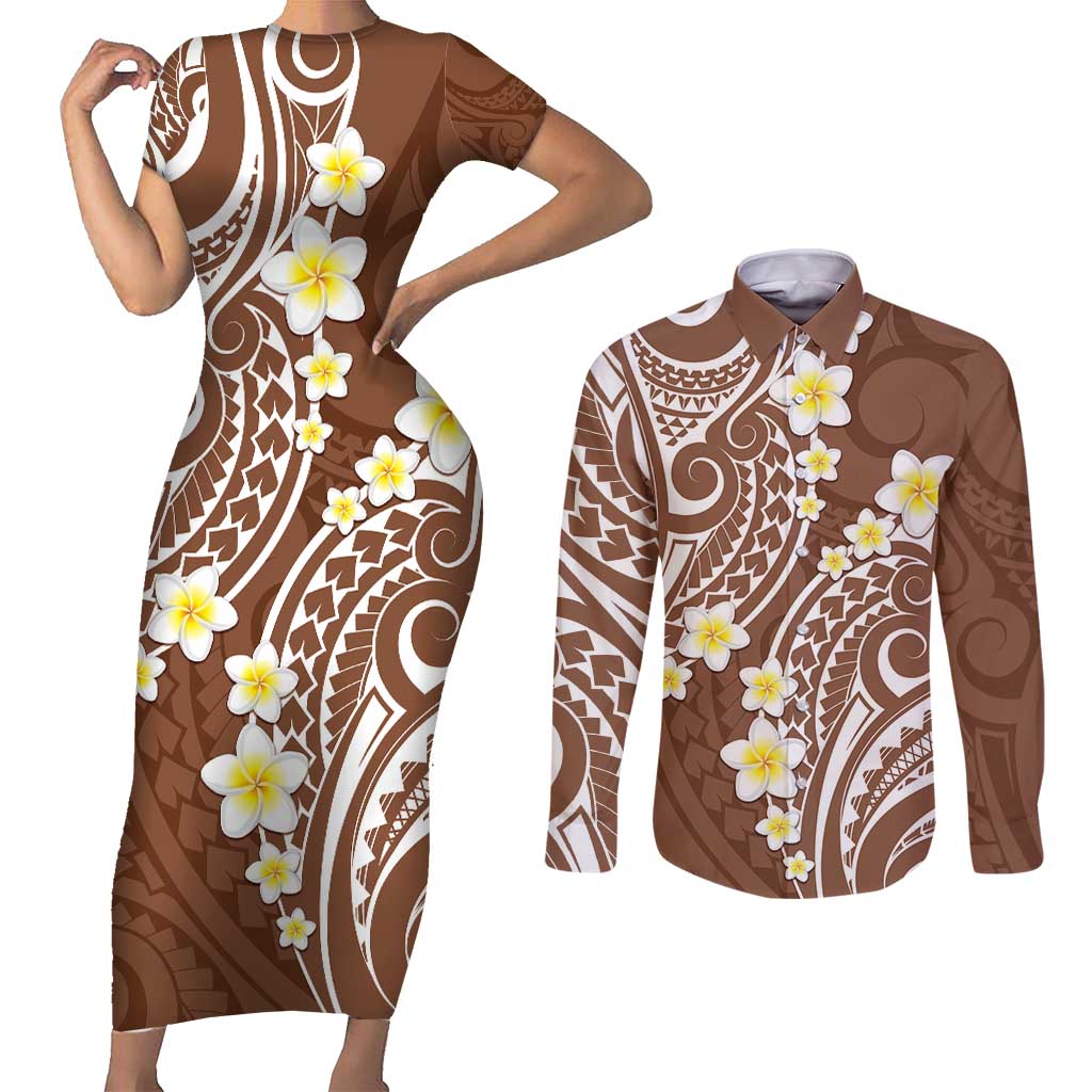 Plumeria With Brown Polynesian Tattoo Pattern Couples Matching Short Sleeve Bodycon Dress and Long Sleeve Button Shirt