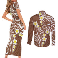 Plumeria With Brown Polynesian Tattoo Pattern Couples Matching Short Sleeve Bodycon Dress and Long Sleeve Button Shirt