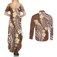 Plumeria With Brown Polynesian Tattoo Pattern Couples Matching Summer Maxi Dress and Long Sleeve Button Shirt