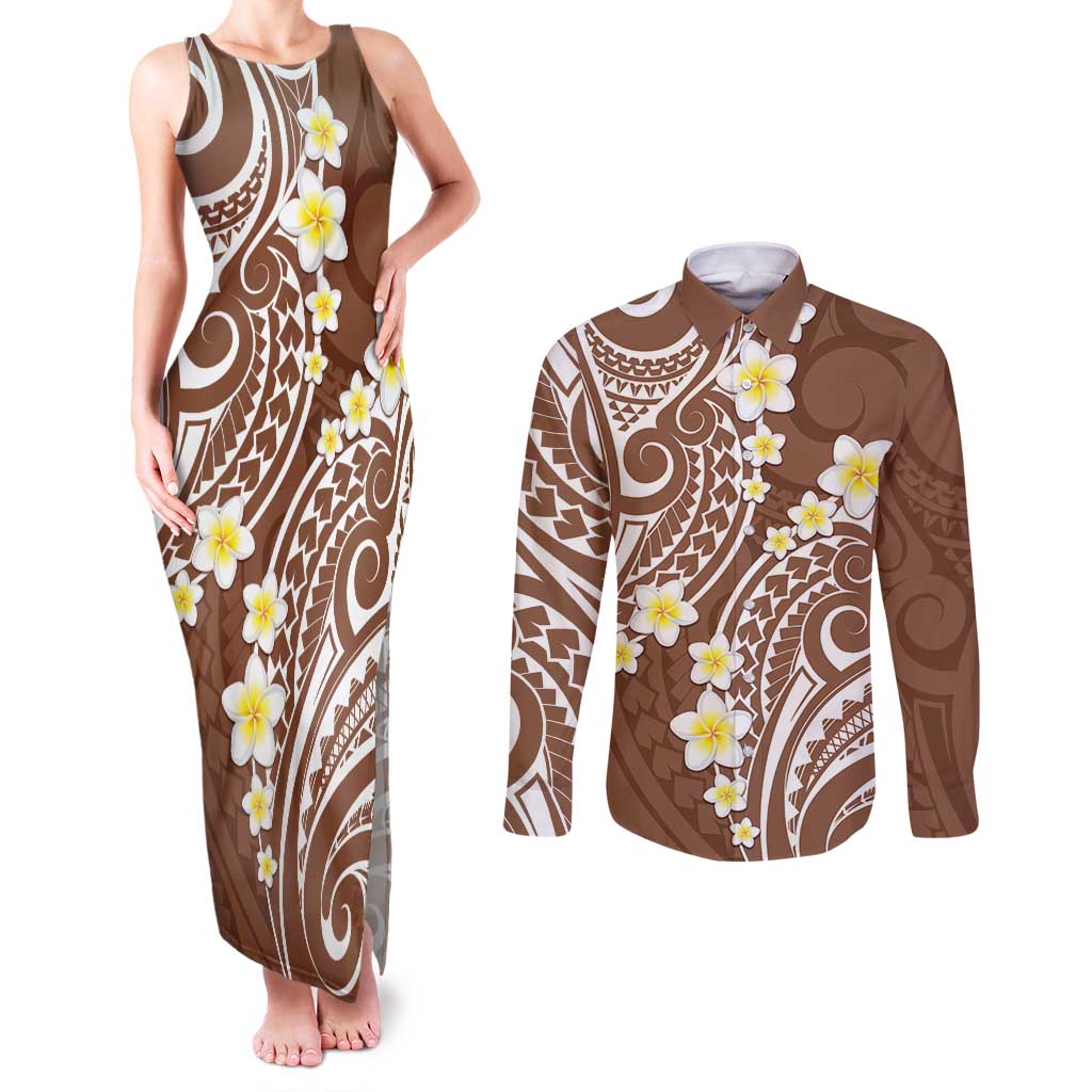 Plumeria With Brown Polynesian Tattoo Pattern Couples Matching Tank Maxi Dress and Long Sleeve Button Shirt