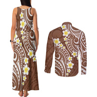 Plumeria With Brown Polynesian Tattoo Pattern Couples Matching Tank Maxi Dress and Long Sleeve Button Shirt