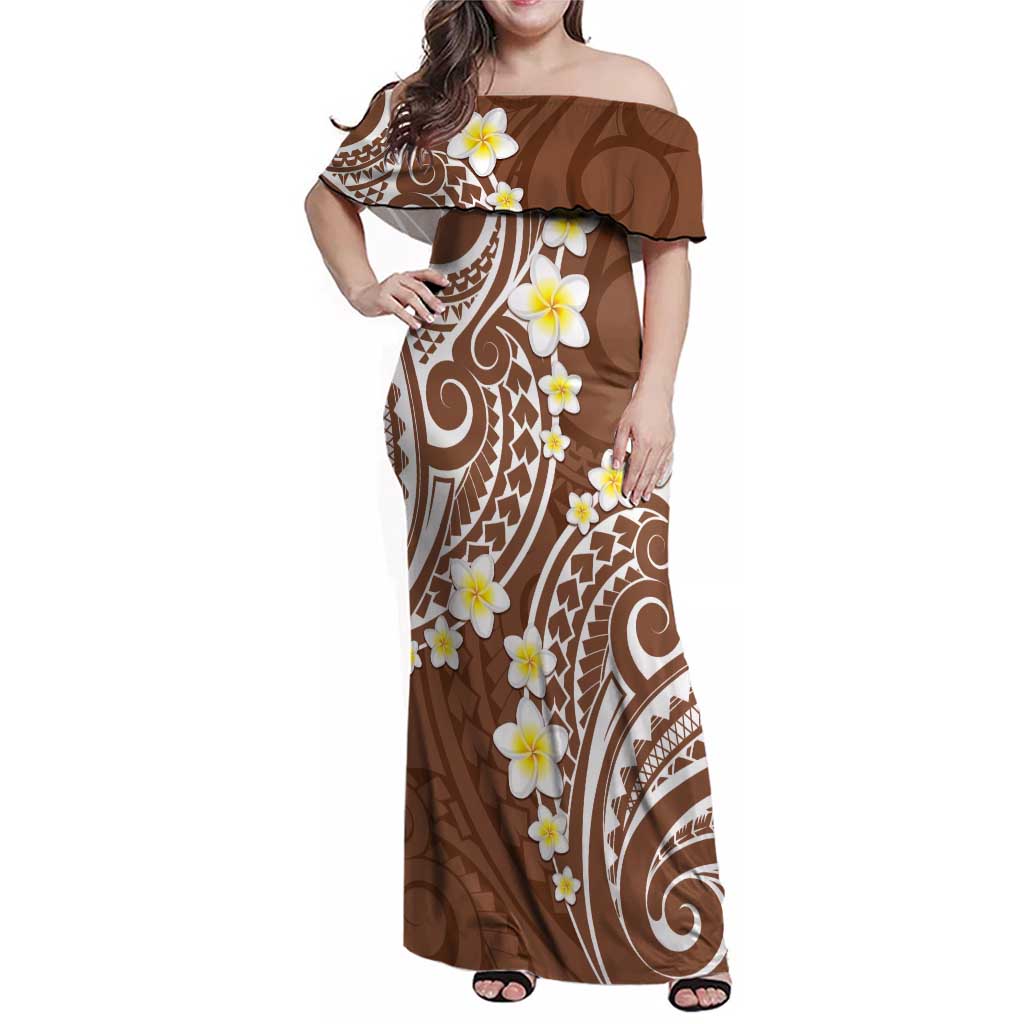 Plumeria With Brown Polynesian Tattoo Pattern Family Matching Off Shoulder Maxi Dress and Hawaiian Shirt