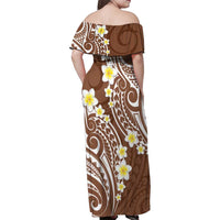Plumeria With Brown Polynesian Tattoo Pattern Family Matching Off Shoulder Maxi Dress and Hawaiian Shirt