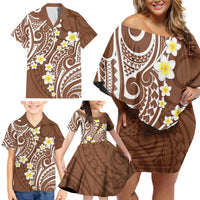 Plumeria With Brown Polynesian Tattoo Pattern Family Matching Off Shoulder Short Dress and Hawaiian Shirt