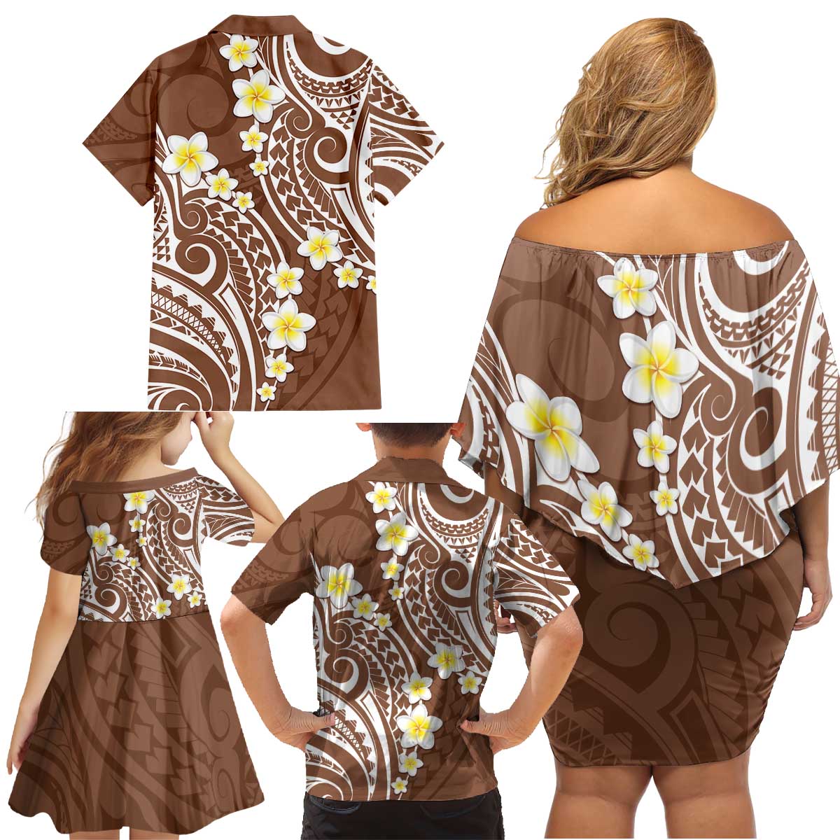 Plumeria With Brown Polynesian Tattoo Pattern Family Matching Off Shoulder Short Dress and Hawaiian Shirt