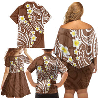 Plumeria With Brown Polynesian Tattoo Pattern Family Matching Off Shoulder Short Dress and Hawaiian Shirt
