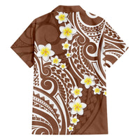 Plumeria With Brown Polynesian Tattoo Pattern Family Matching Off Shoulder Short Dress and Hawaiian Shirt