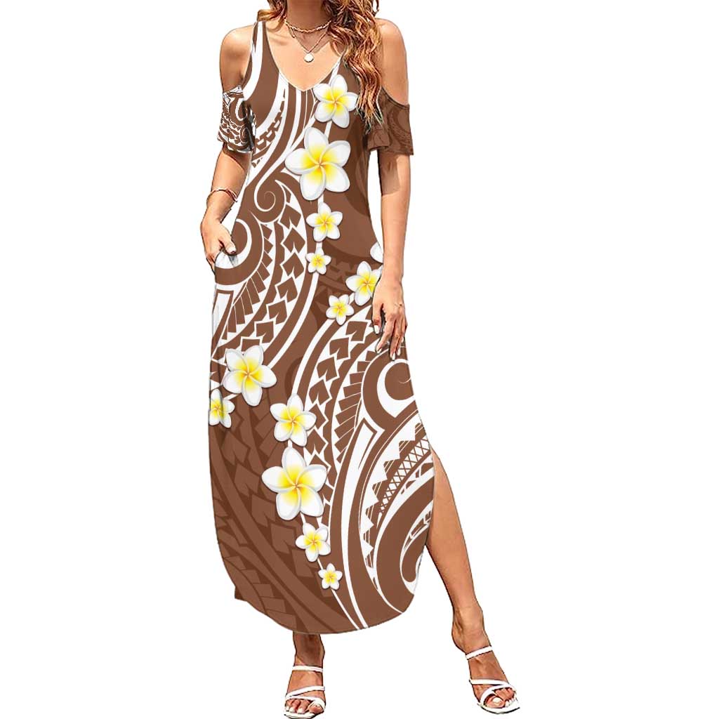 Plumeria With Brown Polynesian Tattoo Pattern Family Matching Summer Maxi Dress and Hawaiian Shirt