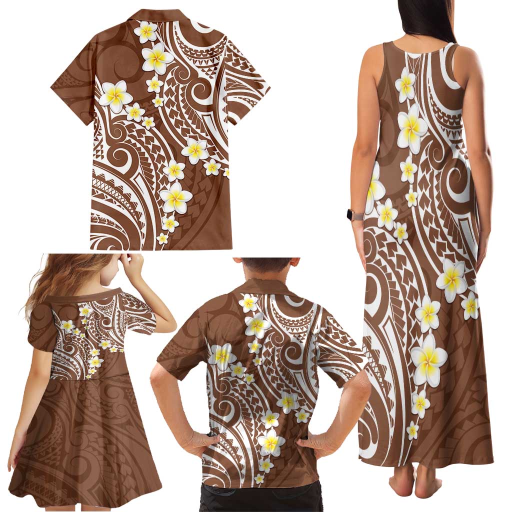 Plumeria With Brown Polynesian Tattoo Pattern Family Matching Tank Maxi Dress and Hawaiian Shirt
