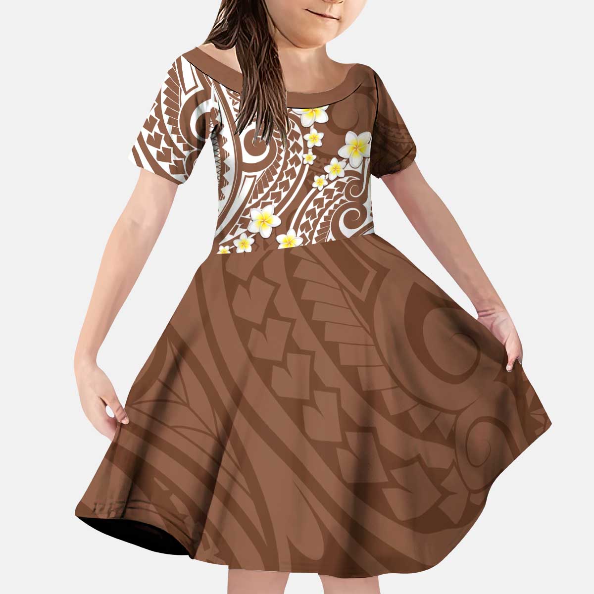 Plumeria With Brown Polynesian Tattoo Pattern Kid Short Sleeve Dress