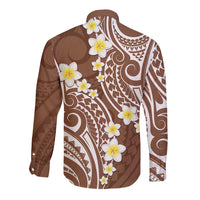 Plumeria With Brown Polynesian Tattoo Pattern Long Sleeve Button Shirt