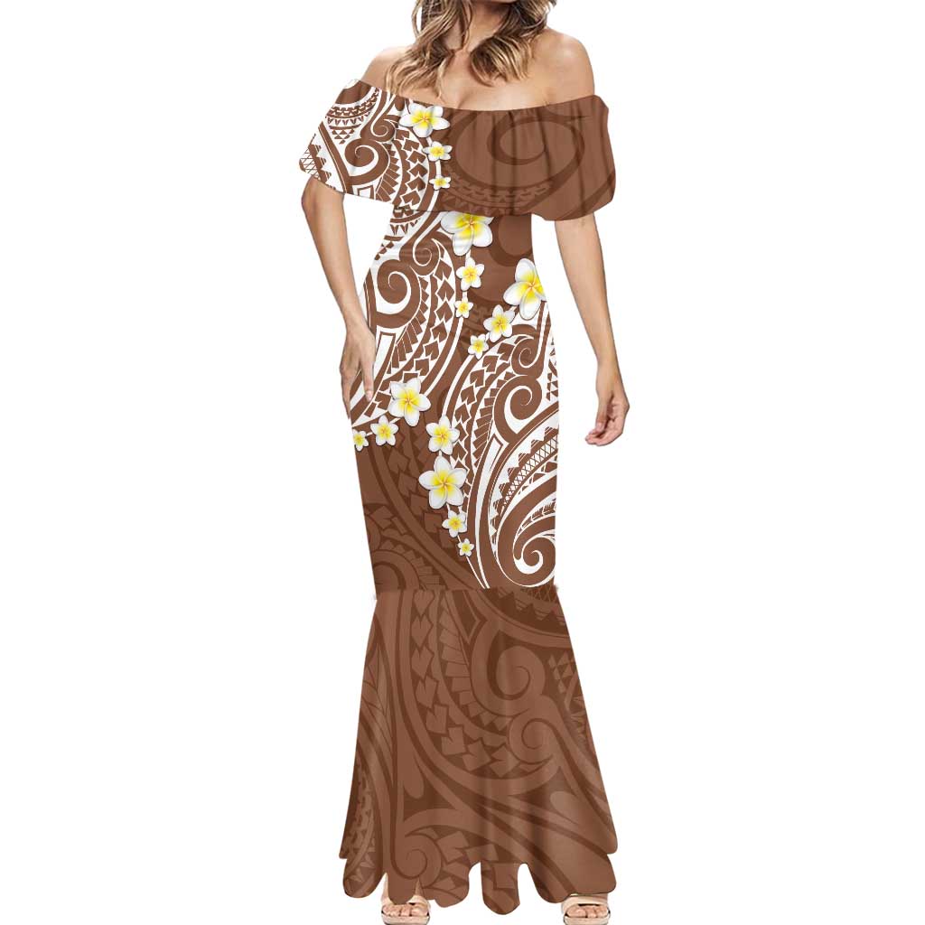 Plumeria With Brown Polynesian Tattoo Pattern Mermaid Dress LT05 - Polynesian Pride