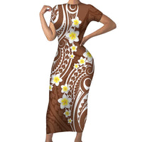 Plumeria With Brown Polynesian Tattoo Pattern Short Sleeve Bodycon Dress LT05 Long Dress Brown - Polynesian Pride