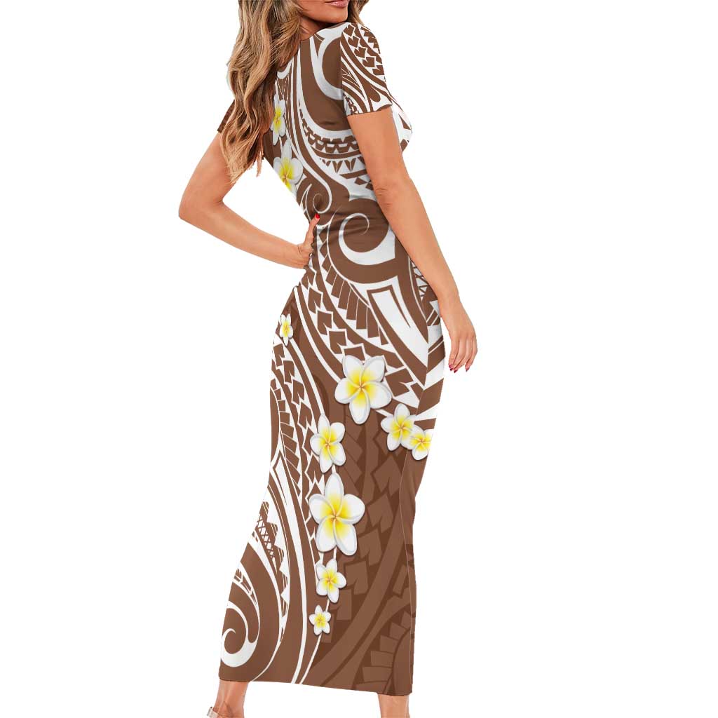 Plumeria With Brown Polynesian Tattoo Pattern Short Sleeve Bodycon Dress LT05 - Polynesian Pride