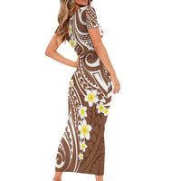 Plumeria With Brown Polynesian Tattoo Pattern Short Sleeve Bodycon Dress LT05 - Polynesian Pride