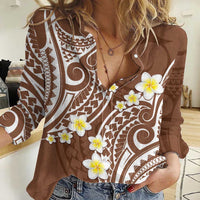 Plumeria With Brown Polynesian Tattoo Pattern Women Casual Shirt LT05 Female Brown - Polynesian Pride