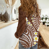 Plumeria With Brown Polynesian Tattoo Pattern Women Casual Shirt LT05 - Polynesian Pride